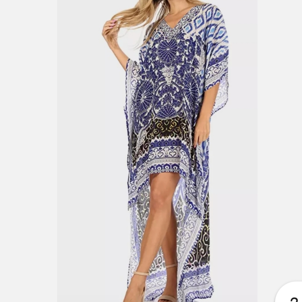 SAKKAS Hi Low Vneck Beach Dress Blue Top Caftan Silk Blend Sz0S
